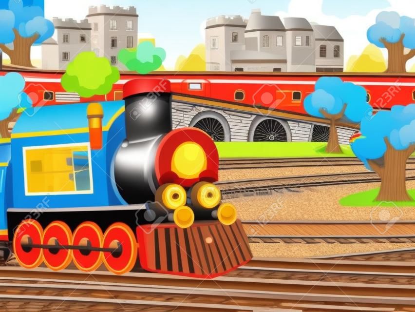 Cartoon Dampf altmodische Zuglokomotive - Bahnhof - Illustration für die Kinder