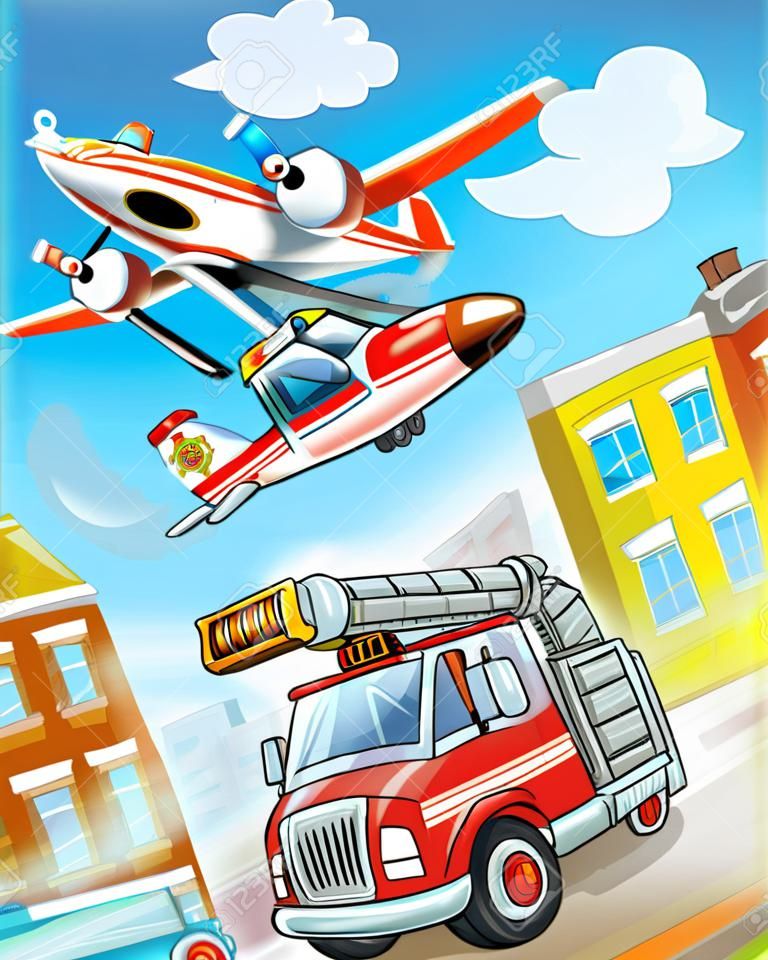 grappig uitziende cartoon brandweerwagen rijden door de stad en noodvliegtuig vliegen over - illustratie voor kinderen