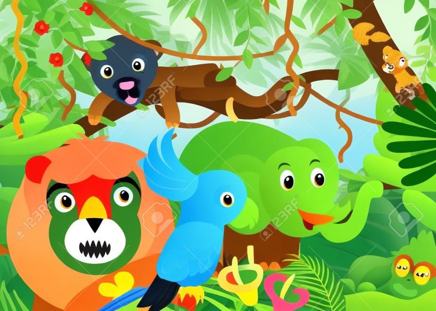cartoon scene with jungle and animals being together with parrot illustration for kids