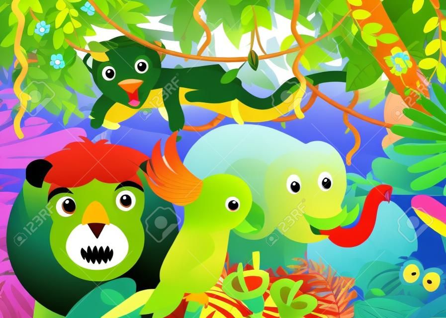 cartoon scene with jungle and animals being together with parrot illustration for kids