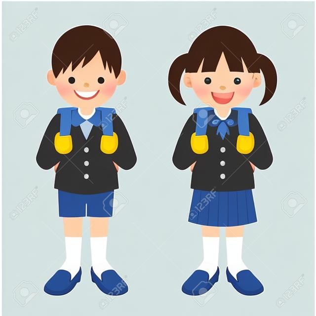 穿制服的小学男孩和女孩