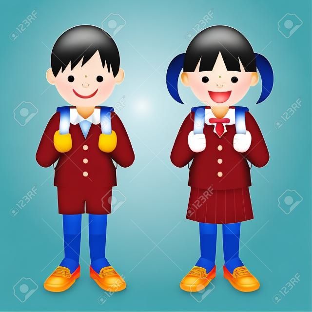 제복을 입은 초등학교 소년과 학교 소녀