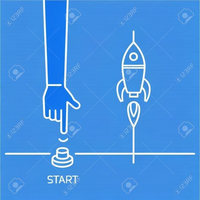 Start up. Vector business illustration of hand pushing start button and rocket | modern flat design linear concept icon and infographic on blue background