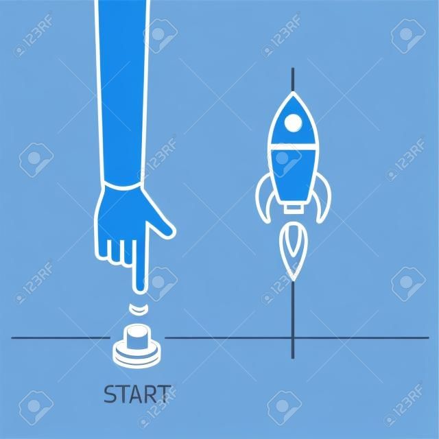 시작하십시오. 시작 버튼과 로켓을 밀고 손의 벡터 비즈니스 일러스트 레이션 | 현대 평면 디자인 선형 개념 아이콘 및 파란색 배경에 infographic