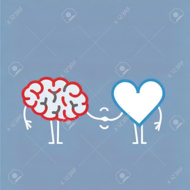 Hersenen en hart handdruk. Vector concept illustratie van teamwork tussen geest en gevoelens. Plat ontwerp lineaire infographic pictogram rood en blauw op witte achtergrond