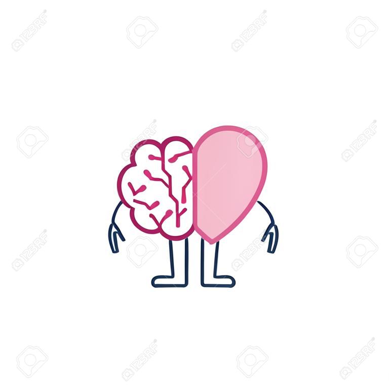 Hersenen en hart handdruk. Vector concept illustratie van teamwork tussen geest en gevoelens. Plat ontwerp lineaire infographic pictogram kleurrijk op witte achtergrond