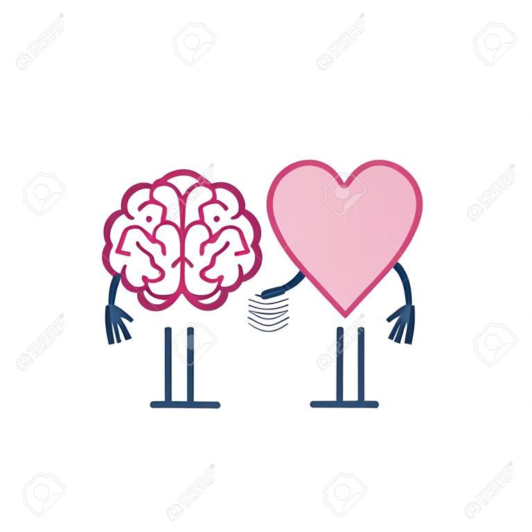 Hersenen en hart handdruk. Vector concept illustratie van teamwork tussen geest en gevoelens. Plat ontwerp lineaire infographic pictogram kleurrijk op witte achtergrond