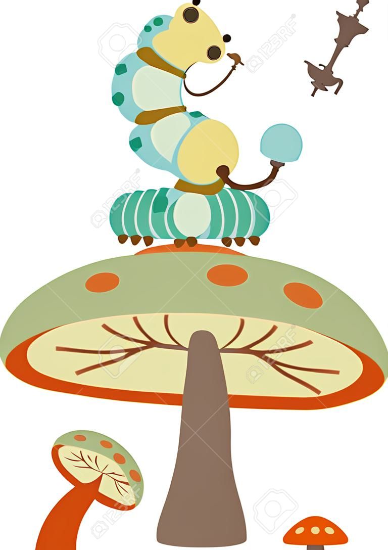 Caterpillar de fumer un narguilé et assis sur un champignon.