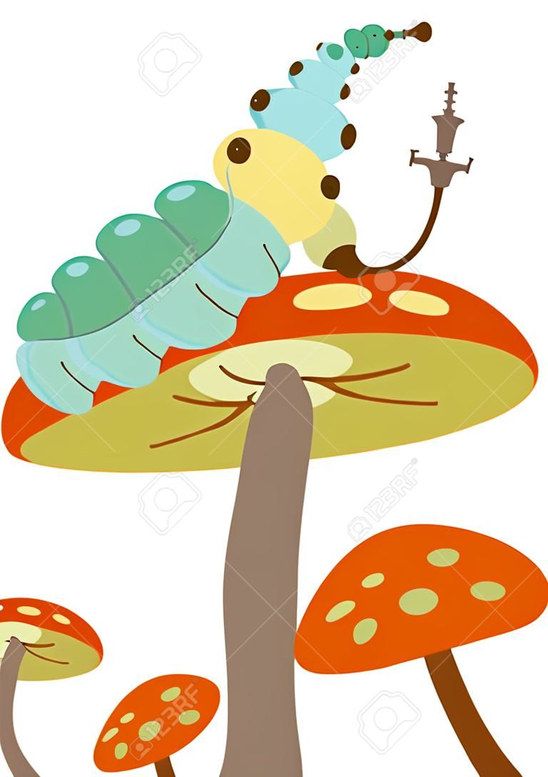 Caterpillar de fumer un narguilé et assis sur un champignon.