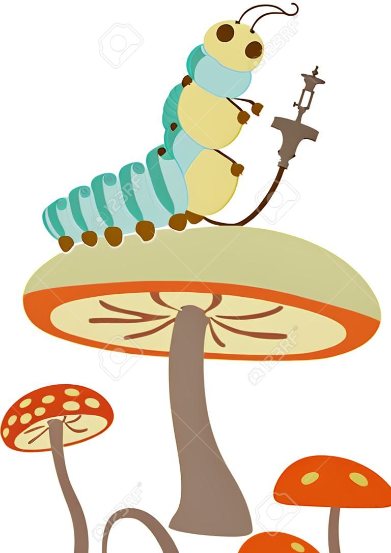 Caterpillar Rauchen aus einer Wasserpfeife und sitzt auf einem Pilz.