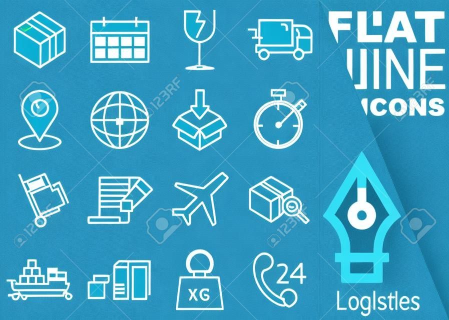 Editable stroke 70x70 pixel. Simple Set of logistics vector sixteen flat line Icons with vertical blue banner - box, calendar, fragile, car, map pointer, globe, stopwatch, cart, contract, plane, ship, weights, support