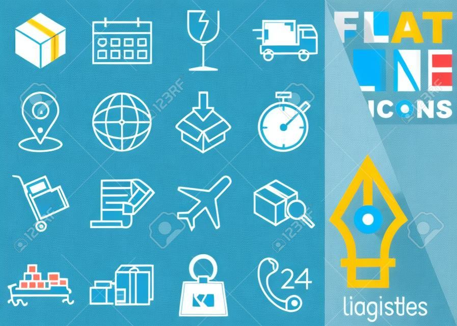 Editable stroke 70x70 pixel. Simple Set of logistics vector sixteen flat line Icons with vertical blue banner - box, calendar, fragile, car, map pointer, globe, stopwatch, cart, contract, plane, ship, weights, support