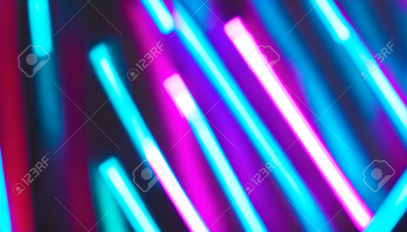 Abstract colorful background. Diagonal oriented pink and cyan light bars. Defocused light lines.