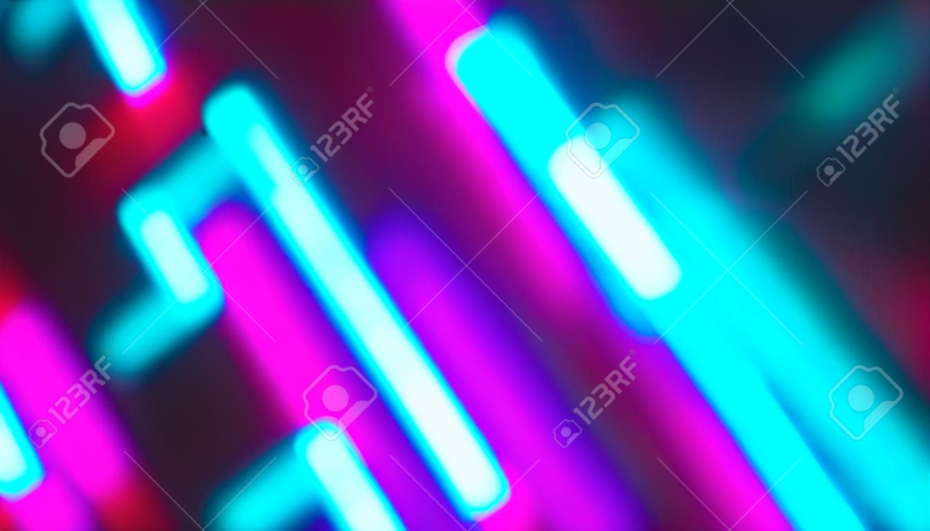 Abstract colorful background. Diagonal oriented pink and cyan light bars. Defocused light lines.