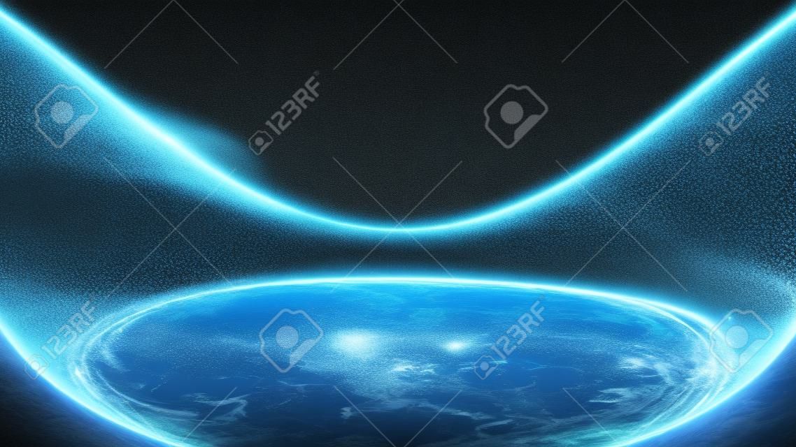 La cabina di senso spaziale della scienza e della tecnologia 3d è composta da particelle di punti blu