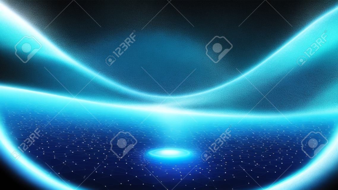 La cabina di senso spaziale della scienza e della tecnologia 3d è composta da particelle di punti blu