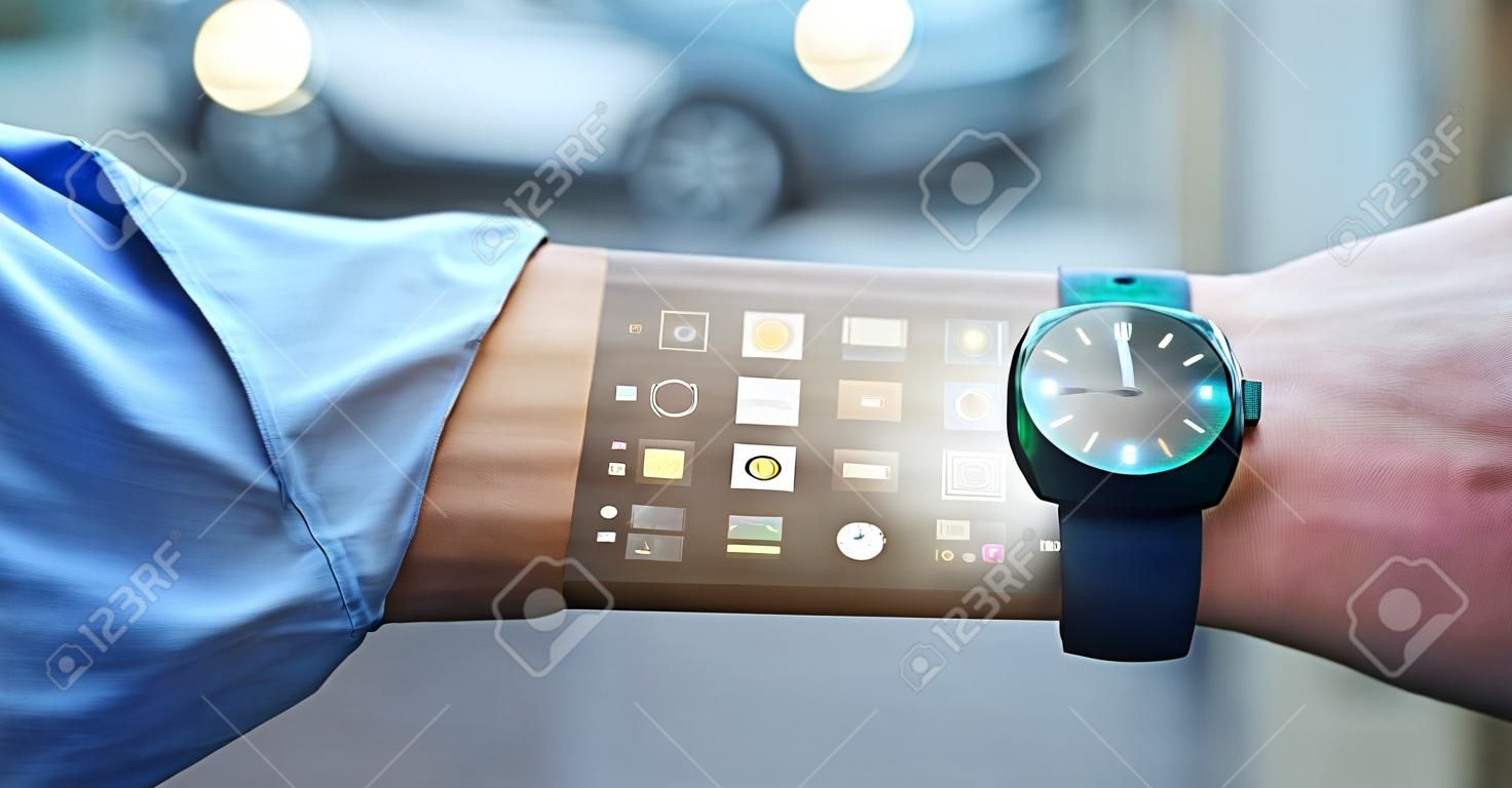 Futurystyczna i technologiczna koncepcja zegara z hologramem, technologia komunikacji wakacyjnej, rzeczywistość rozszerzona i przyszłość
