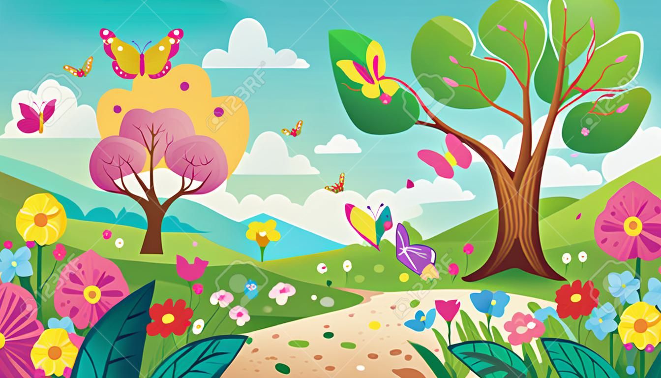Spring season background with flowers, trees and butterflies. Vector illustration.
