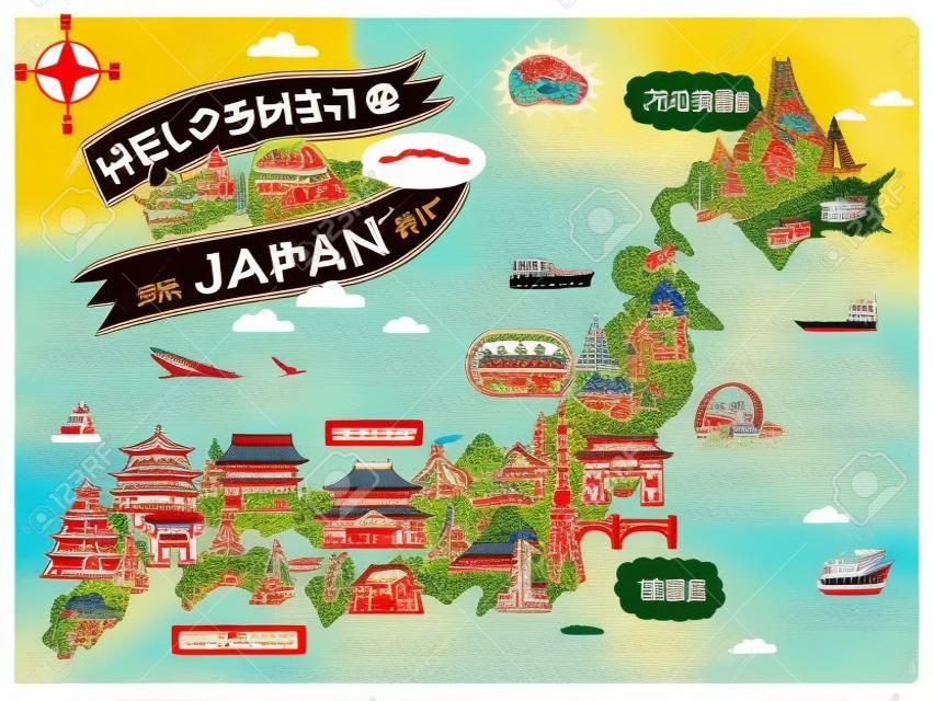 Atractiva mapa de la Japón, bonitas atracciones y símbolos tradicionales, hola palabras en japonés en la parte superior izquierda