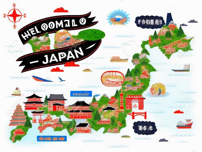 Привлекательная карта путешествия Японии, прекрасные достопримечательности и традиционные символы, привет слова на японском языке в левом верхнем углу