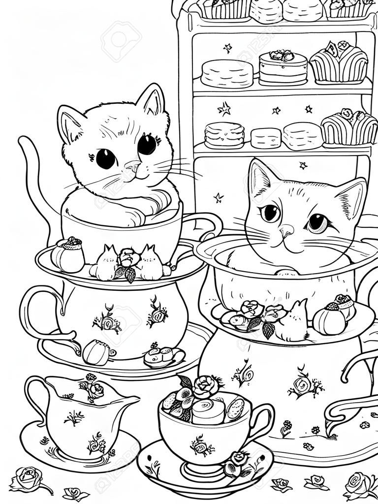 black and white cats having british afternoon tea, for coloration