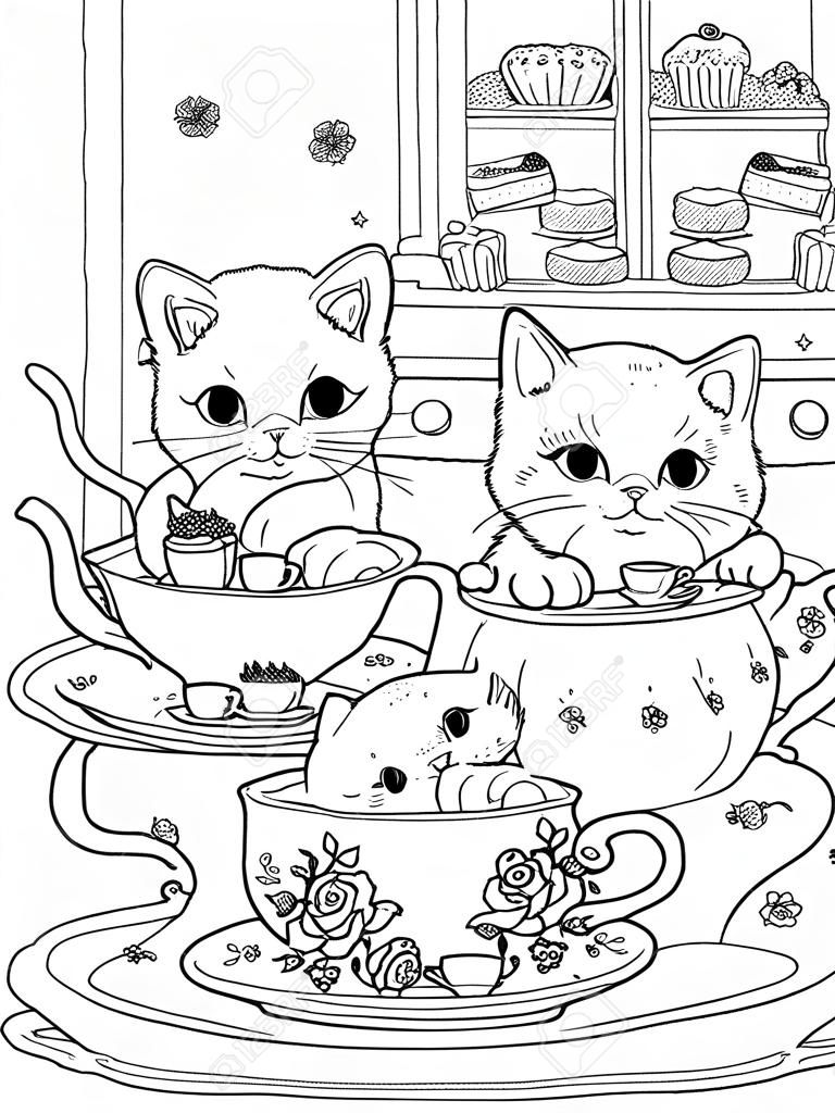 chats noirs et blancs ayant le thé britannique, pour la coloration