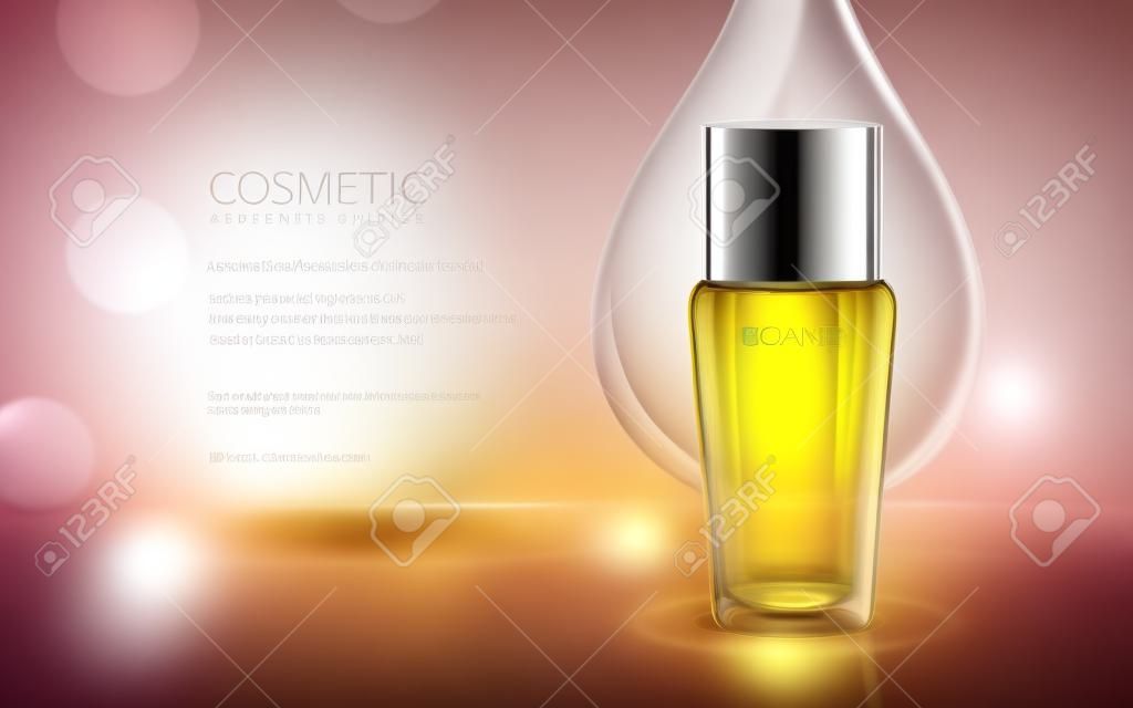 Cosmetic ads template, glass bottle with lotion or essence oil isolated on bokeh background. 3D illustration.