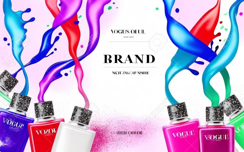 Laca de unha colorida anúncios, esmalte polonês splatter no fundo branco, ilustração 3d, anúncios de moda para design