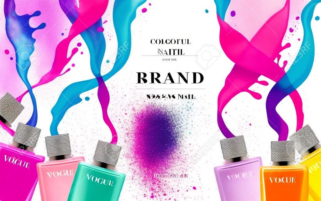 Laca de unha colorida anúncios, esmalte polonês splatter no fundo branco, ilustração 3d, anúncios de moda para design