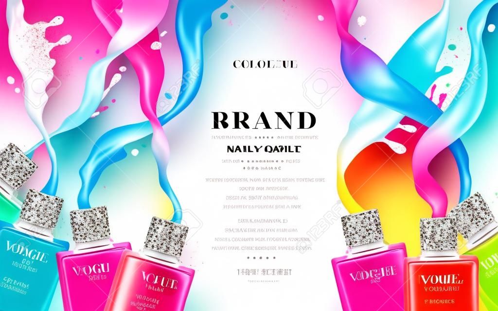 다채로운 네일 옻 칠 광고, 흰색 배경에 매니큐어 튄, 3d 일러스트, 디자인에 보급 광고