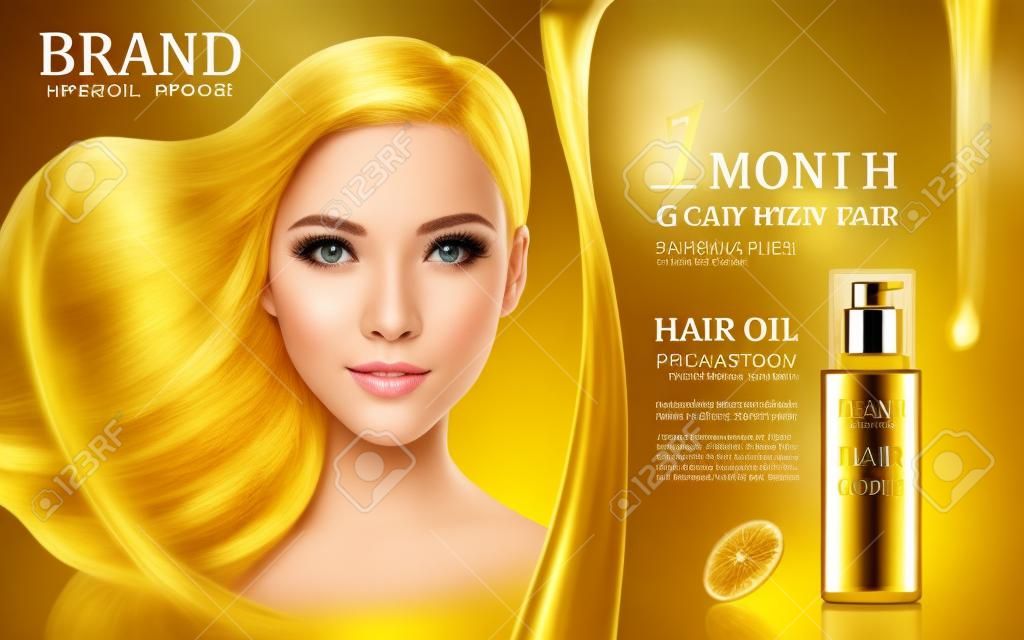 protezione di olio di capelli contenuta in bottiglia con il volto di modello, sfondo dorato illustrazione 3d