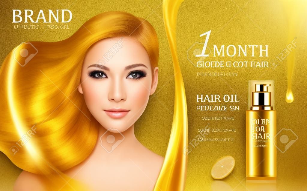 hair oil protection contained in bottle with model face, golden background 3d illustration