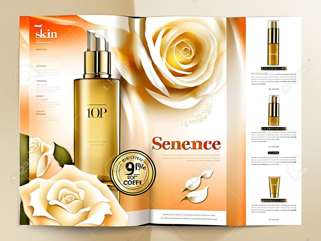 Plantilla de folleto de cuidado de la piel, serie de productos para el cuidado de la piel en revista o catálogo para usos de diseño en ilustración 3d, rosas blancas y elementos líquidos que fluyen