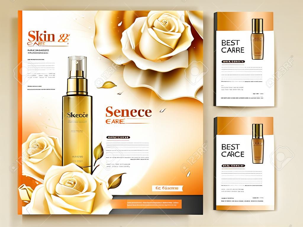 Pielęgnacja twarzy szablonu broszury, seria produktów do pielęgnacji skóry w magazynie lub katalogu do zastosowań projektowych w 3d ilustracji, białe róże i płynące elementy płynne