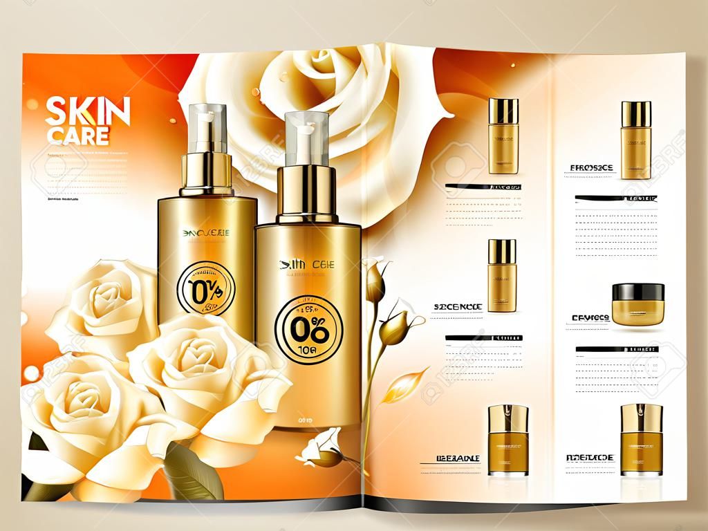 Bőrápolási brosúra sablon, bőrápoló termékek sorozat a magazinban vagy a katalógusban, 3D-s illusztráció, fehér rózsák és áramló folyadék elemek felhasználásával