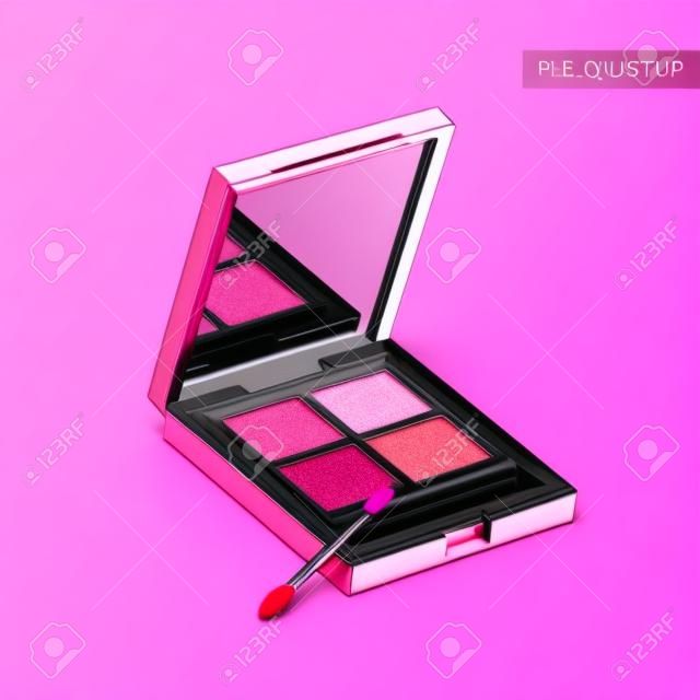 Eye shadow mockup, close up look at makeup product in 3d illustration isolated on pink background