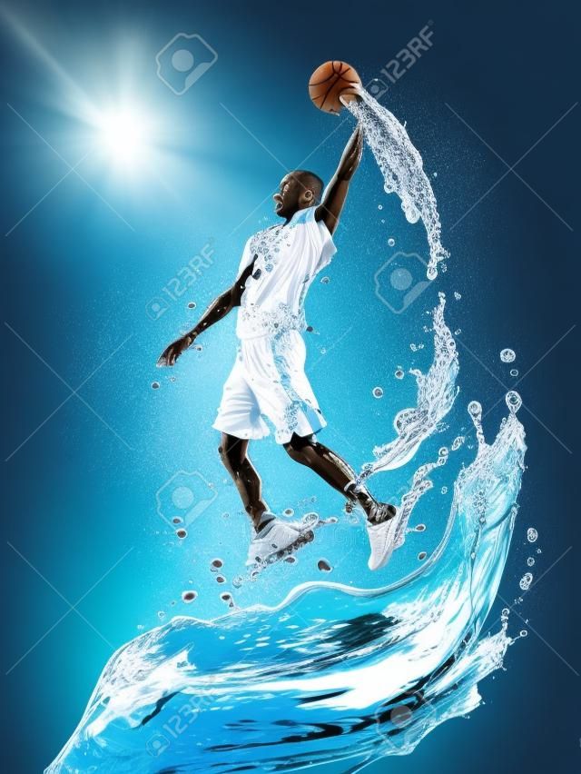 水的特殊效果，跳躍和扣球用水的液體籃球運動員濺在下面的3d圖