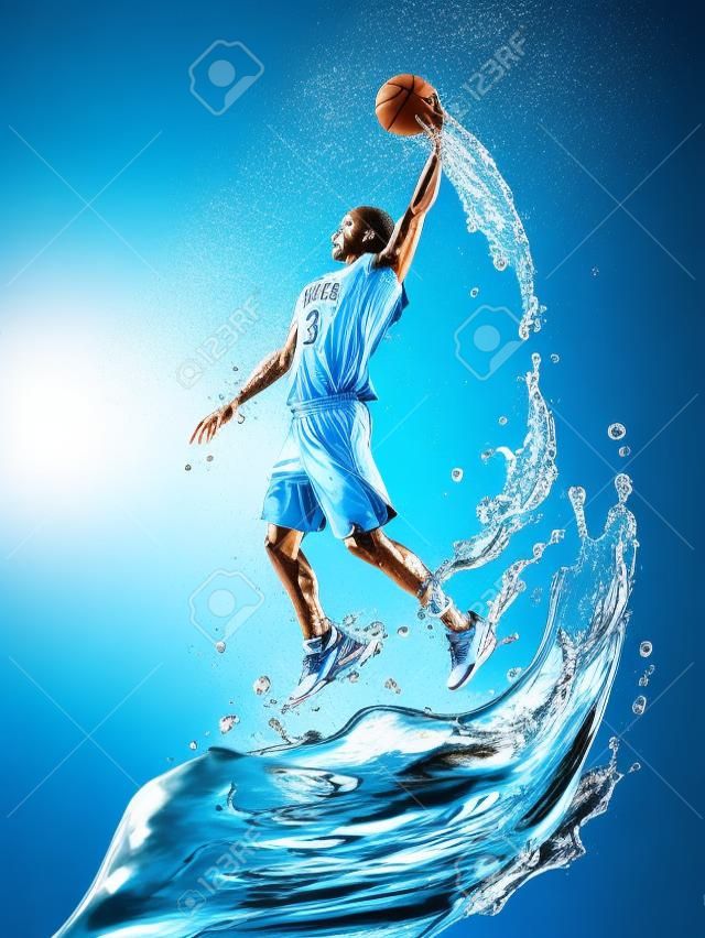 水的特殊效果，跳躍和扣球用水的液體籃球運動員濺在下面的3d圖