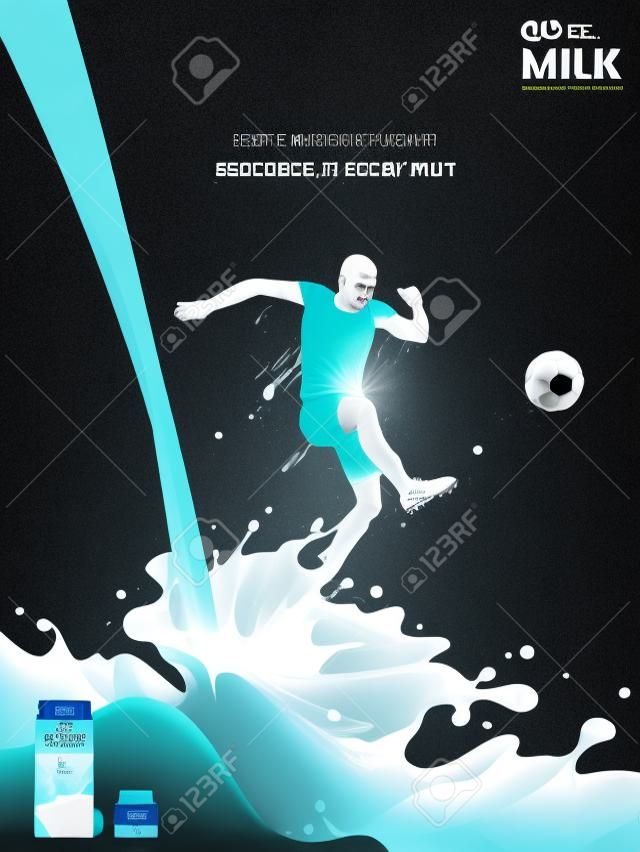 Energetische melk advertenties, voetballer schopt een voetbal met zijn volle kracht die wordt gemaakt door melk.