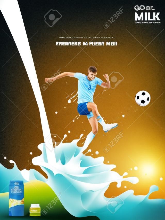 エネルギッシュなミルク広告、サッカー選手はミルクで作られ、彼の完全な強さとサッカーを蹴っています。