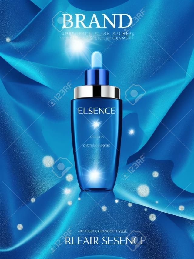 Элегантная реклама эссенции, темно-синяя бутылка с каплями на 3D-иллюстрации, мягкая плавающая ткань с фоном блестящих пятен