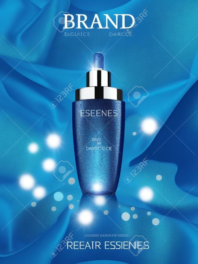 Annunci di essenze eleganti, bottiglia di gocciolina blu scuro illustrazione 3d, tessuto fluttuante morbido con sfondo di punti glitter
