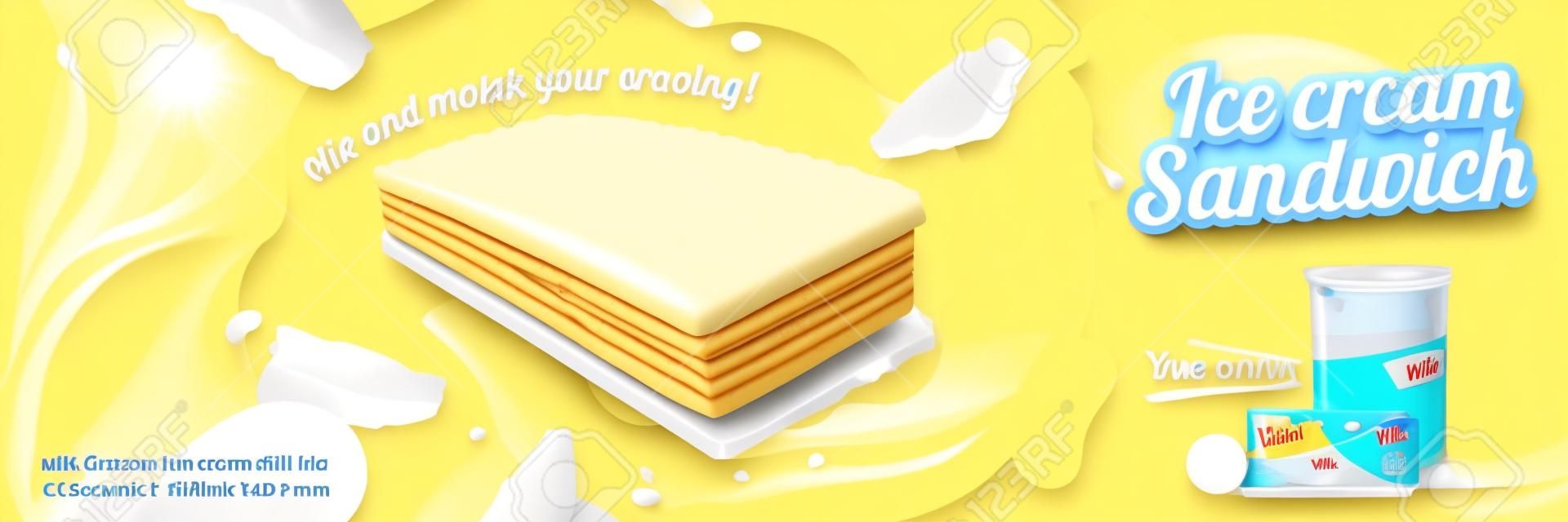 Sandwich à la crème glacée au lait avec biscuits gaufrés et garnitures tourbillonnantes en illustration 3d, fond jaune chrome