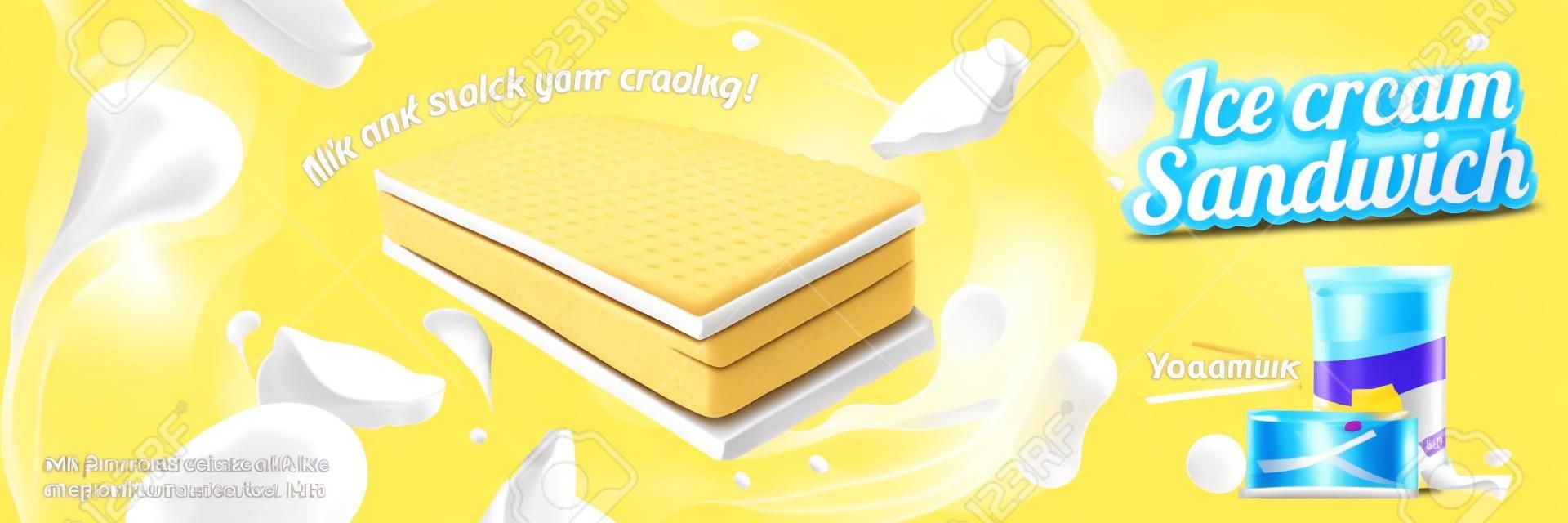 Milk flavoured ice cream sandwich with wafer cookies and swirling fillings in 3d illustration, chrome yellow background