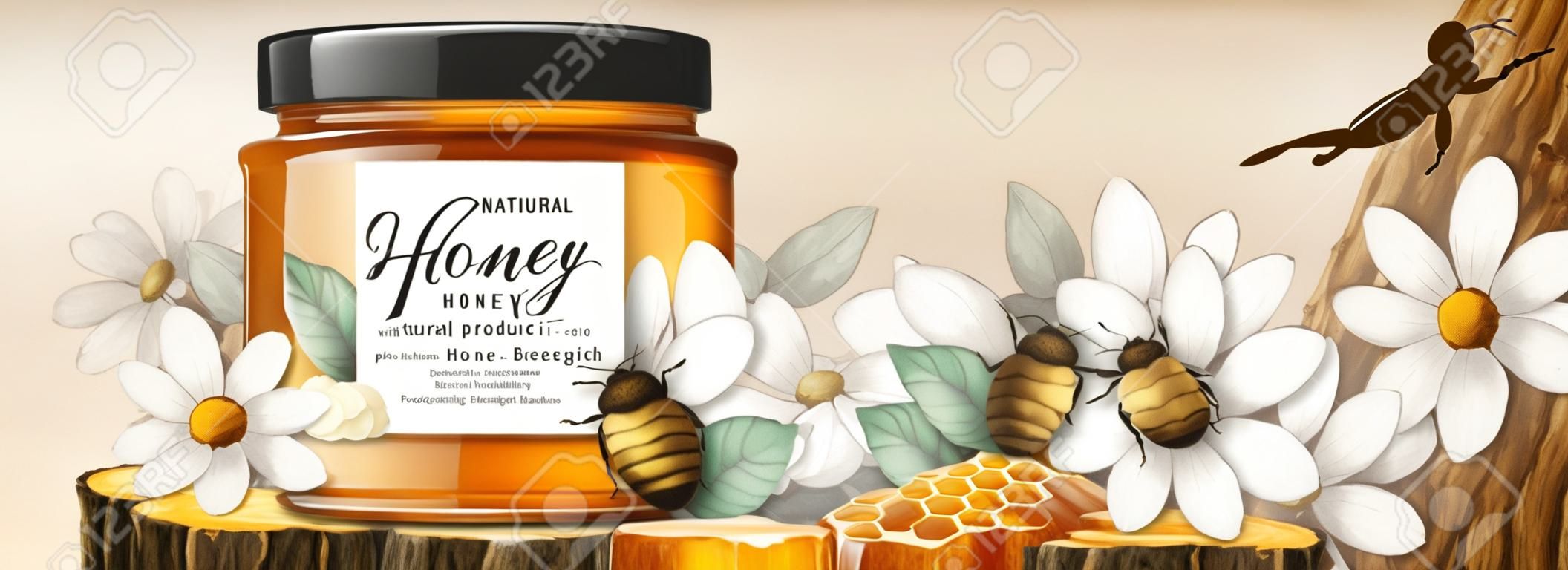 3d 그림에서 나무 줄기 섹션 플랫폼에 벌집이 있는 천연 꿀 제품, 흰색 꽃 목판화 배경