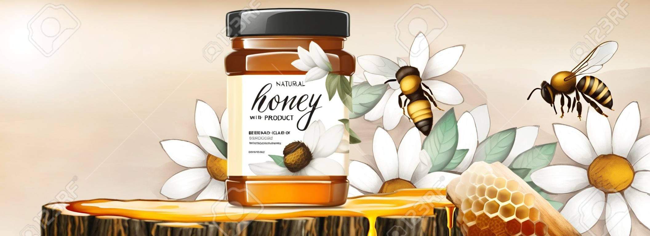 Natural honey product with beehive on tree trunk section platform in 3d illustration, white flower woodcut background