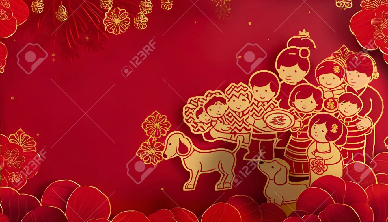 Heartwarming reunion dinner during lunar new year in paper art, red and golden color tone