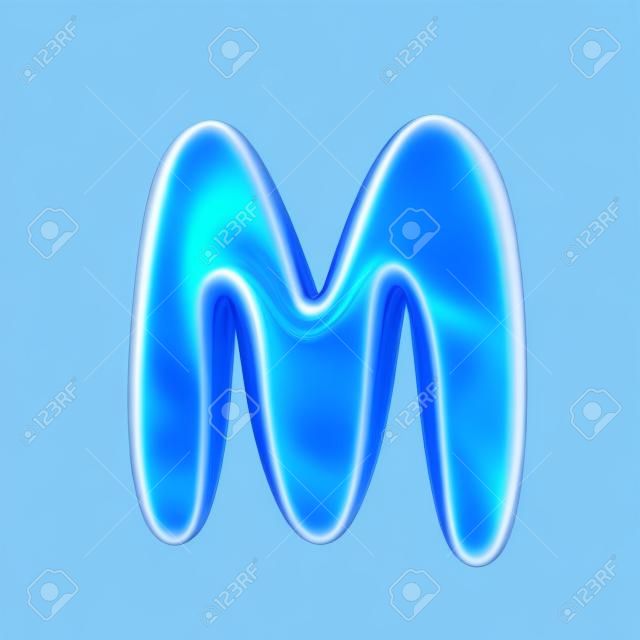 3D render azul jalea alfabeto líquido M aislado sobre fondo blanco.