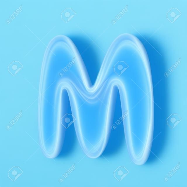 3D render blue jelly liquid alphabet M isolated on white background