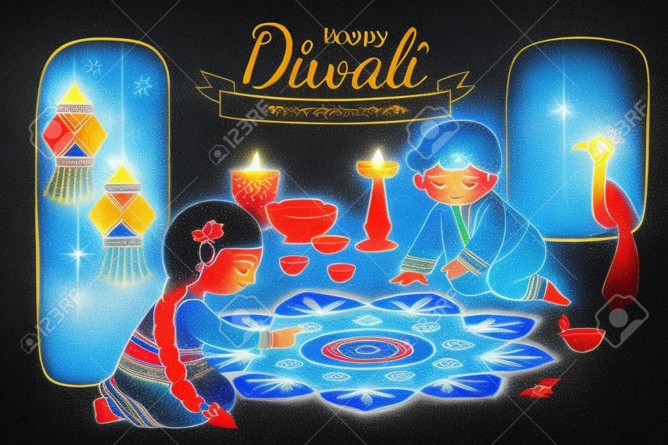 Encantadora ilustración de Diwali con niños dibujando una escena de rangoli sobre fondo azul noche